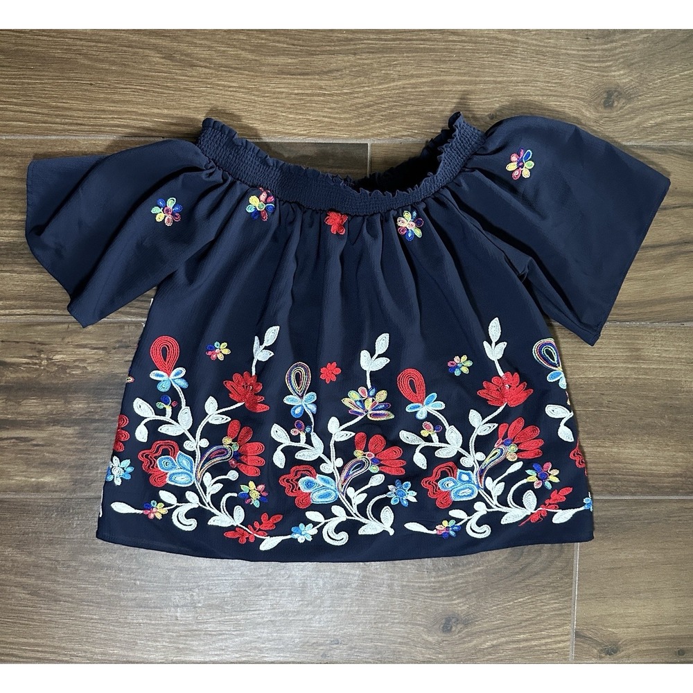 Denim Jeans & Casuals Navy Blue Embroidered Off Shoulder Boho‎ Floral Top Small